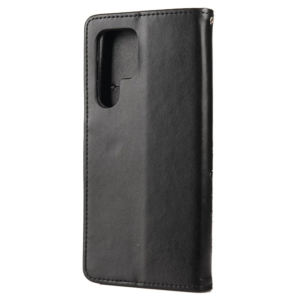 Imprinting Butterflies Flowers Stand Wallet Leather Cover TPU Phone Case for Samsung Galaxy S22 Ultra 5G - Black - 3