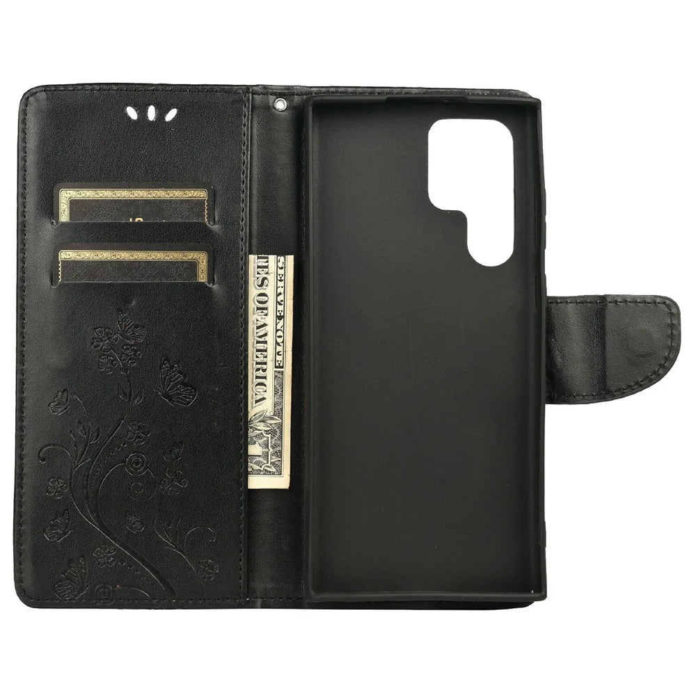 Imprinting Butterflies Flowers Stand Wallet Leather Cover TPU Phone Case for Samsung Galaxy S22 Ultra 5G - Black - 4