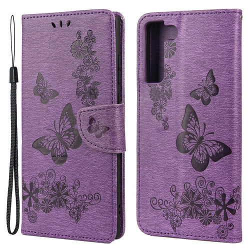Wallet Stand Leather Cover Case with Imprinting Butterfly Flower for Samsung Galaxy S22+ 5G - Purple - 1