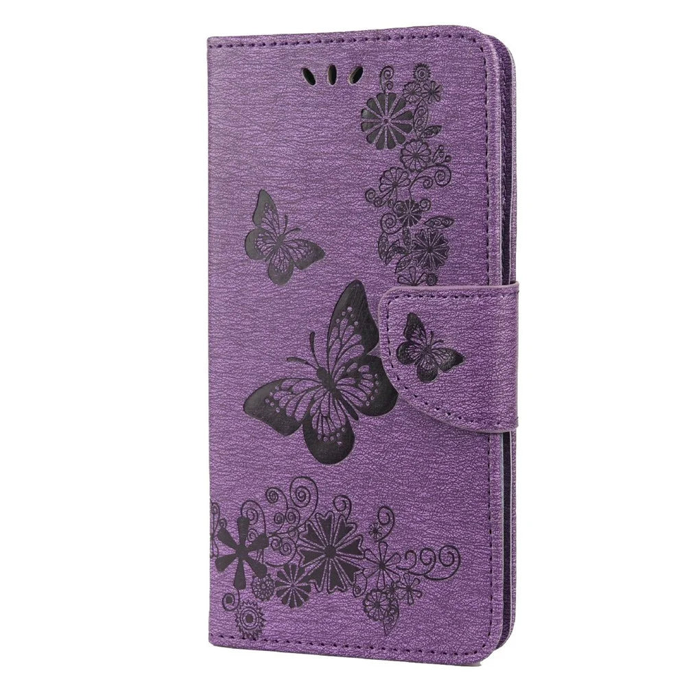 Wallet Stand Leather Cover Case with Imprinting Butterfly Flower for Samsung Galaxy S22+ 5G - Purple - 2
