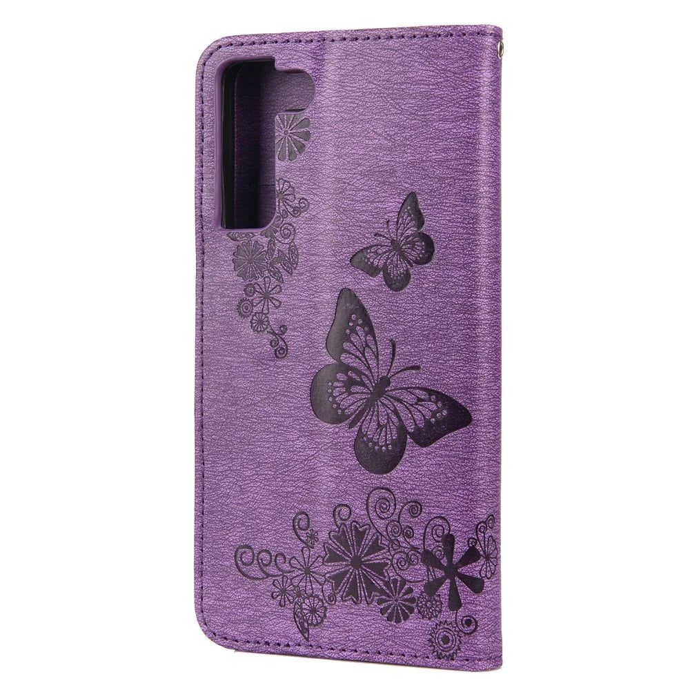 Wallet Stand Leather Cover Case with Imprinting Butterfly Flower for Samsung Galaxy S22+ 5G - Purple - 3
