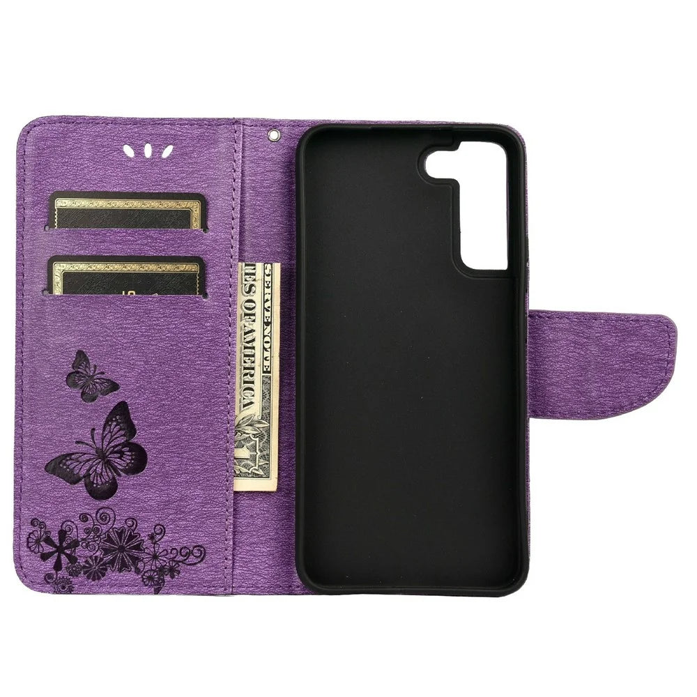 Wallet Stand Leather Cover Case with Imprinting Butterfly Flower for Samsung Galaxy S22+ 5G - Purple - 4