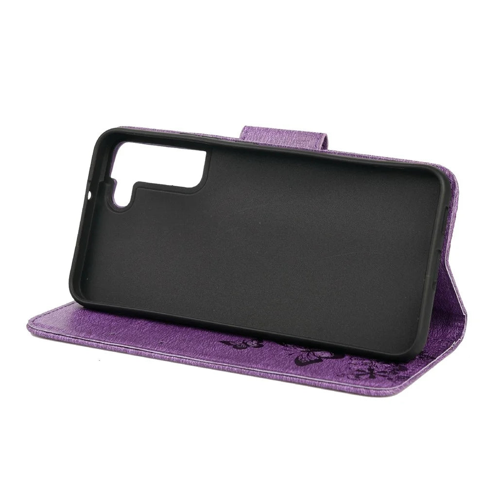 Wallet Stand Leather Cover Case with Imprinting Butterfly Flower for Samsung Galaxy S22+ 5G - Purple - 5