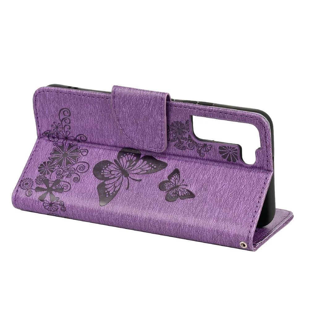 Wallet Stand Leather Cover Case with Imprinting Butterfly Flower for Samsung Galaxy S22+ 5G - Purple - 6