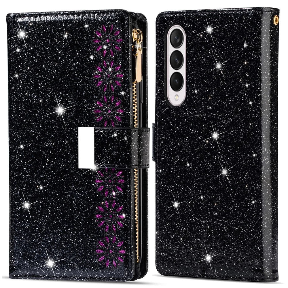 Glittery Starry Style Laser Carving Magnetic Closure Zipper Wallet Stand Protective Leather Phone Case for Samsung Galaxy Z Fold3 5G - Black - 1
