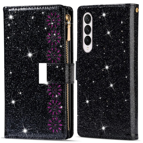 Glittery Starry Style Laser Carving Magnetic Closure Zipper Wallet Stand Protective Leather Phone Case for Samsung Galaxy Z Fold3 5G - Black - 1