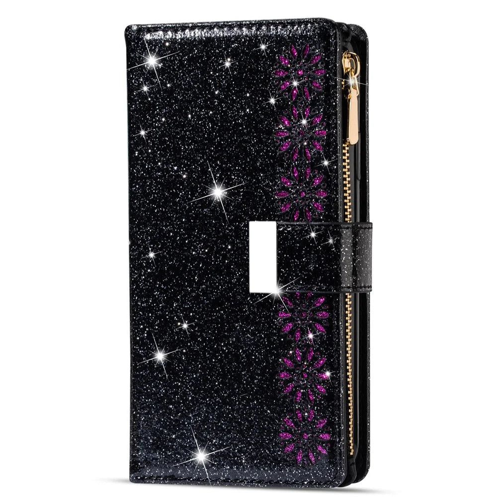 Glittery Starry Style Laser Carving Magnetic Closure Zipper Wallet Stand Protective Leather Phone Case for Samsung Galaxy Z Fold3 5G - Black - 2