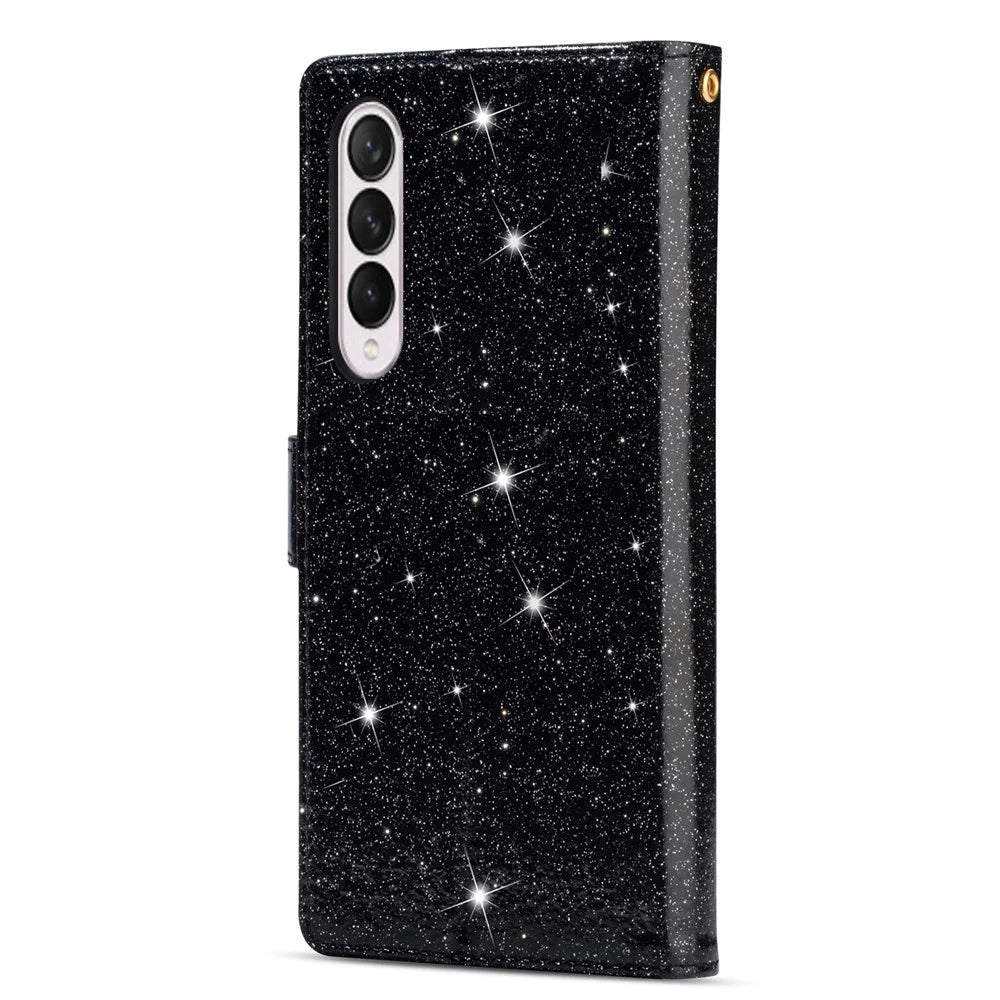 Glittery Starry Style Laser Carving Magnetic Closure Zipper Wallet Stand Protective Leather Phone Case for Samsung Galaxy Z Fold3 5G - Black - 3