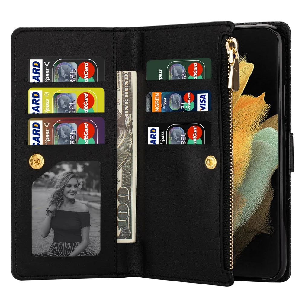 Glittery Starry Style Laser Carving Magnetic Closure Zipper Wallet Stand Protective Leather Phone Case for Samsung Galaxy Z Fold3 5G - Black - 4