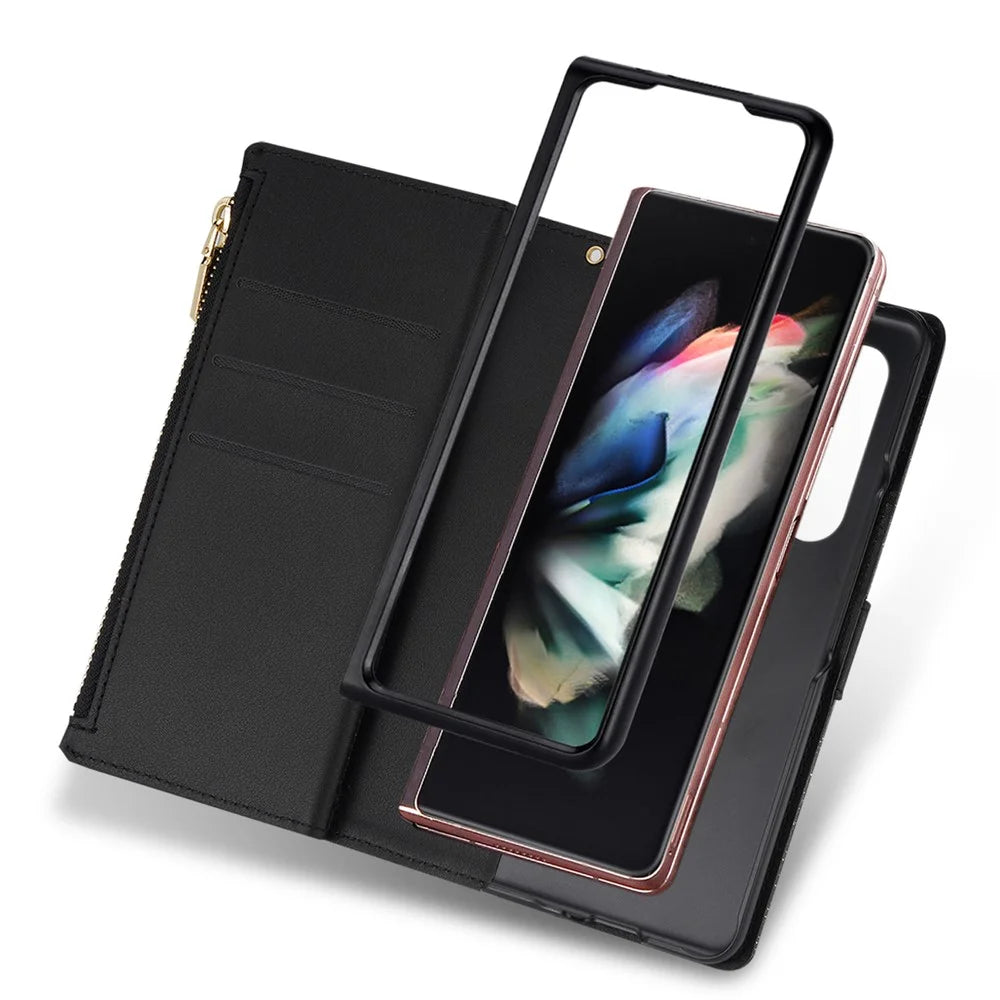 Glittery Starry Style Laser Carving Magnetic Closure Zipper Wallet Stand Protective Leather Phone Case for Samsung Galaxy Z Fold3 5G - Black - 6