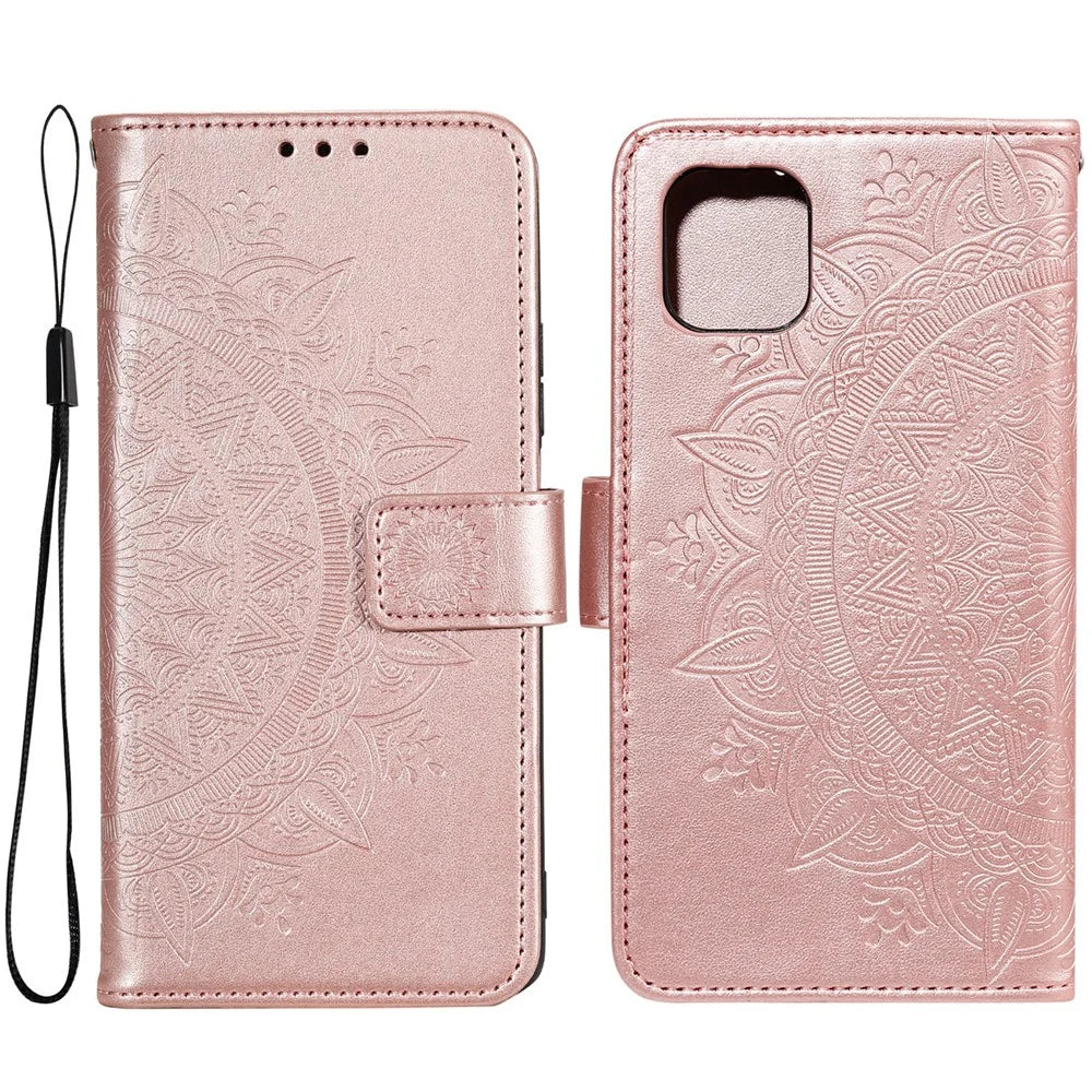 Imprint Totem Mandala Wallet PU Leather Stand Phone Case with Strap for Samsung Galaxy A03 (166.5mm) - Rose Gold - 1