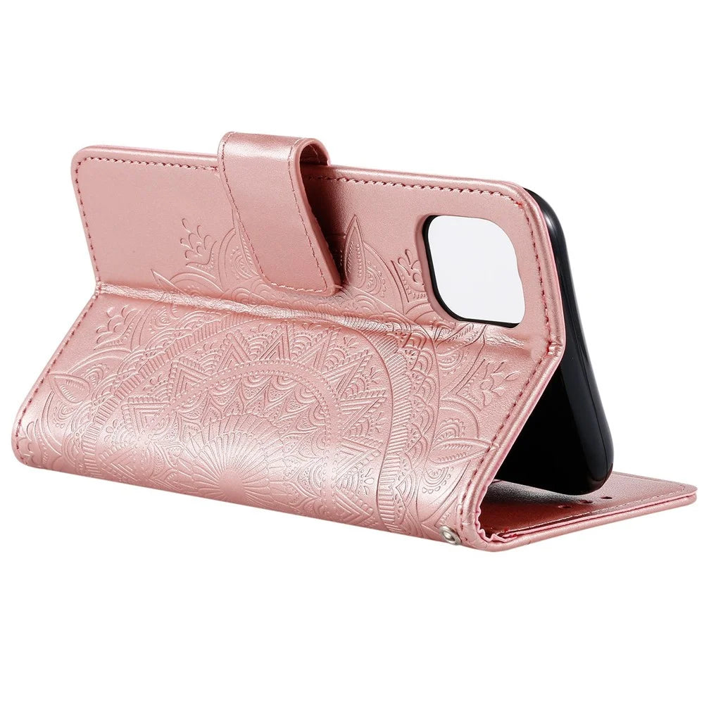 Imprint Totem Mandala Wallet PU Leather Stand Phone Case with Strap for Samsung Galaxy A03 (166.5mm) - Rose Gold - 6