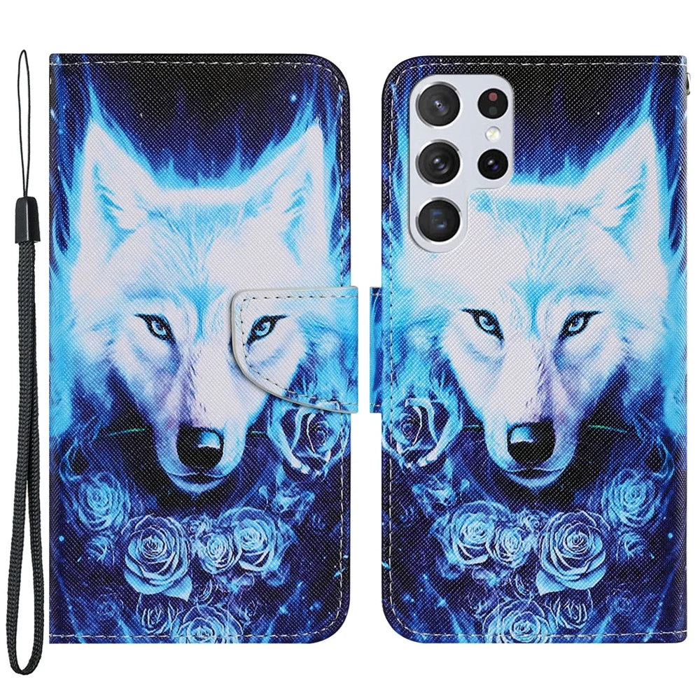 Full Protection Pattern Printing Leather Stand Wallet Case Phone Cover Protector with Wrist Strap for Samsung Galaxy S22 Ultra 5G - Rose and Wolf - 1