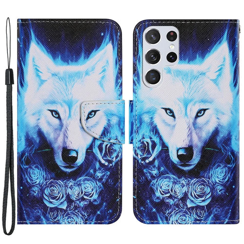 Full Protection Pattern Printing Leather Stand Wallet Case Phone Cover Protector with Wrist Strap for Samsung Galaxy S22 Ultra 5G - Rose and Wolf - 1