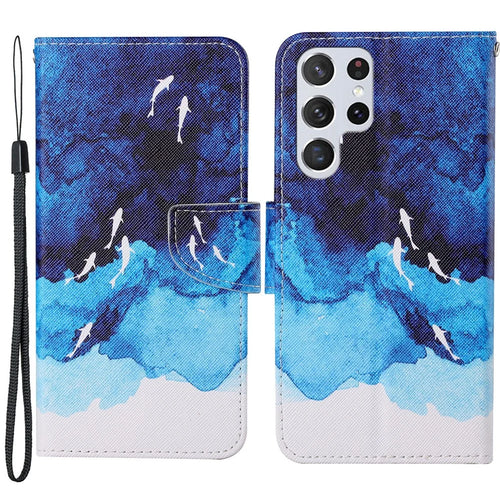 Full Body Protection Cross Texture Pattern Printing PU Leather Phone Case Shell with Stand Wallet for Samsung Galaxy S22 Ultra 5G - Watercolor Fish - 1