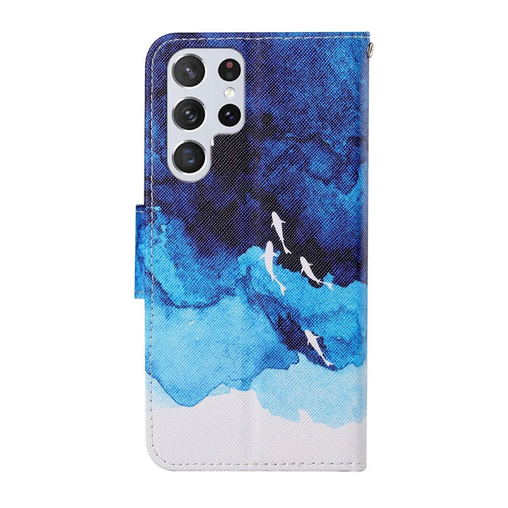 Full Body Protection Cross Texture Pattern Printing PU Leather Phone Case Shell with Stand Wallet for Samsung Galaxy S22 Ultra 5G - Watercolor Fish - 3