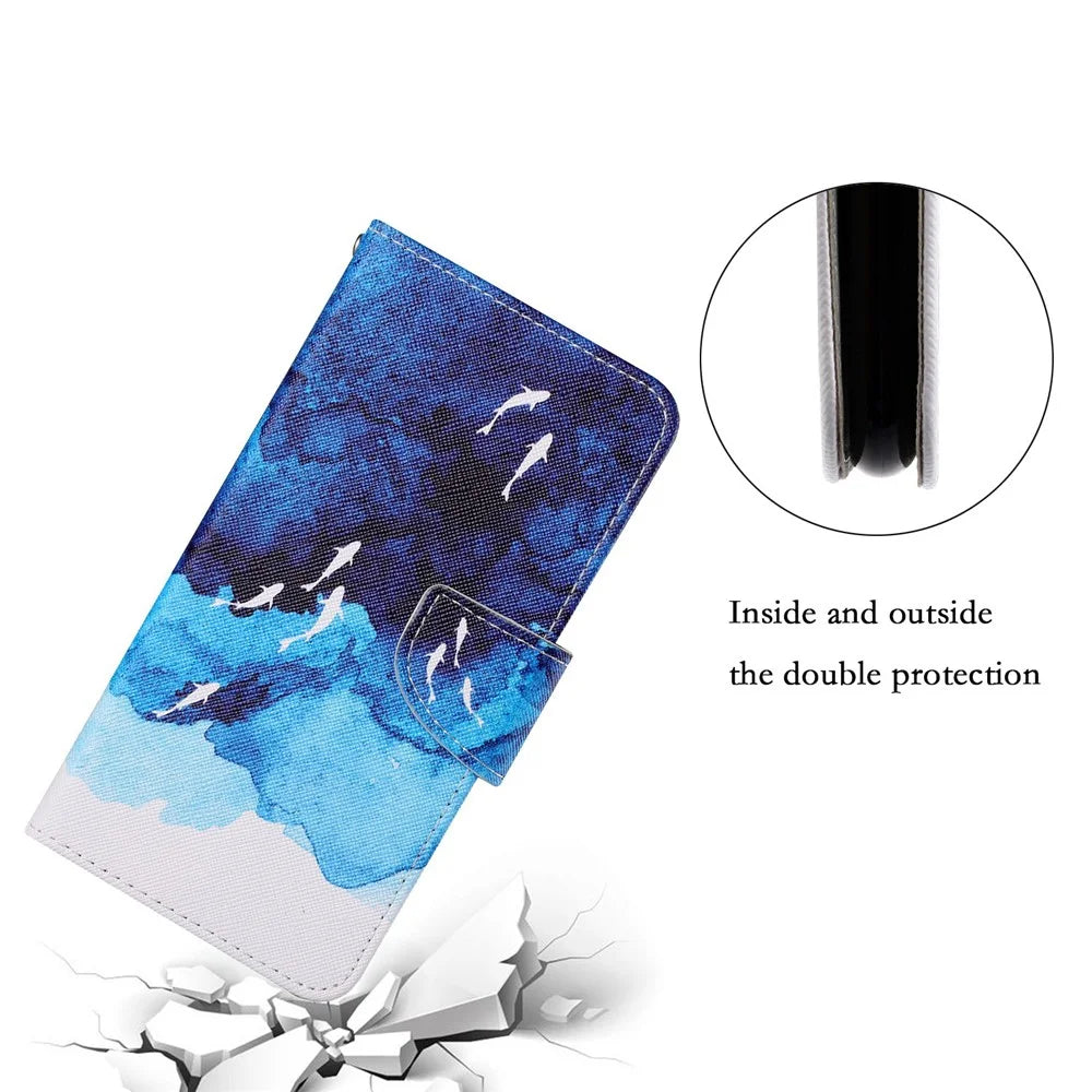 Full Body Protection Cross Texture Pattern Printing PU Leather Phone Case Shell with Stand Wallet for Samsung Galaxy S22 Ultra 5G - Watercolor Fish - 7