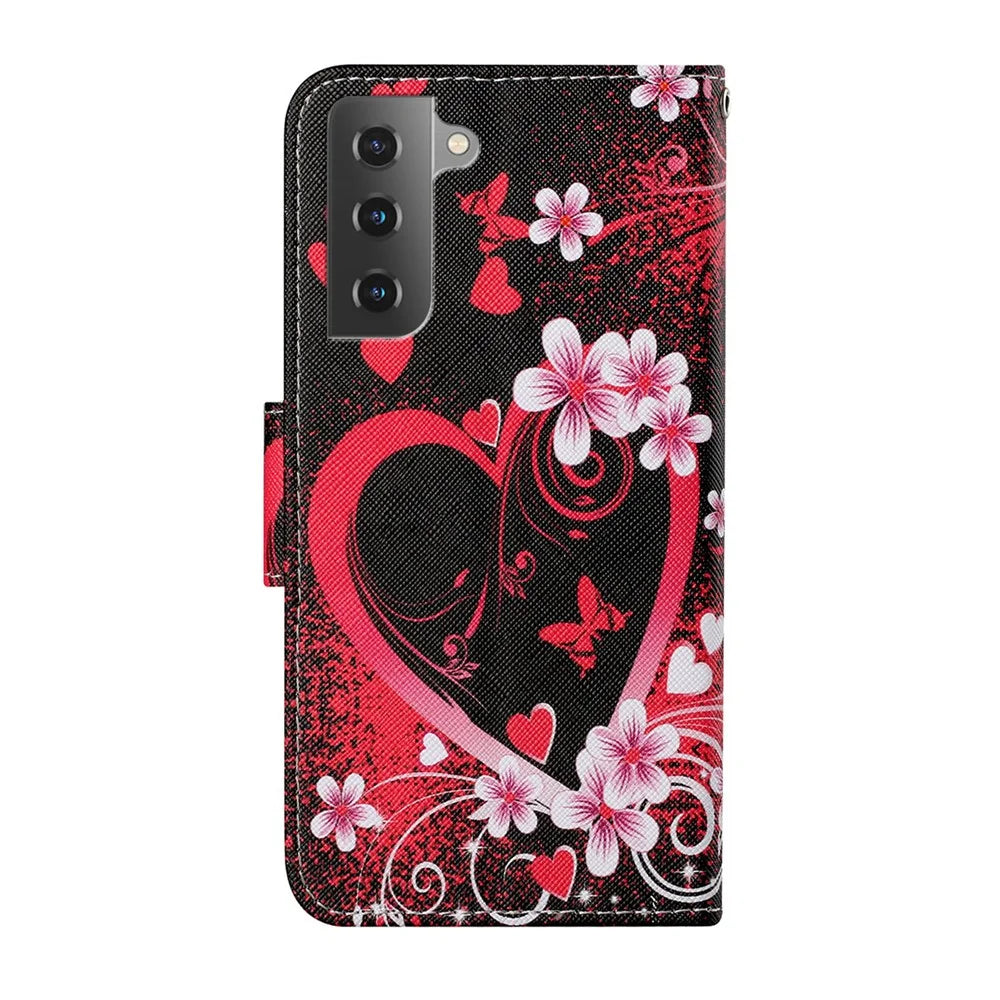 Pattern Printing Scratch-resistant Shockproof PU Leather Stand Case Wallet Cover for Samsung Galaxy S22+ 5G - Red Heart Shape - 3