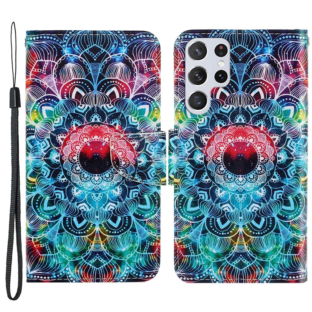 Pattern Printing Cross Texture Phone Case Stand Wallet Leather Cover with Lanyard for Samsung Galaxy S22 Ultra 5G - Mandala Flower - 1
