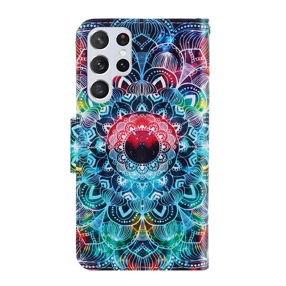 Pattern Printing Cross Texture Phone Case Stand Wallet Leather Cover with Lanyard for Samsung Galaxy S22 Ultra 5G - Mandala Flower - 3