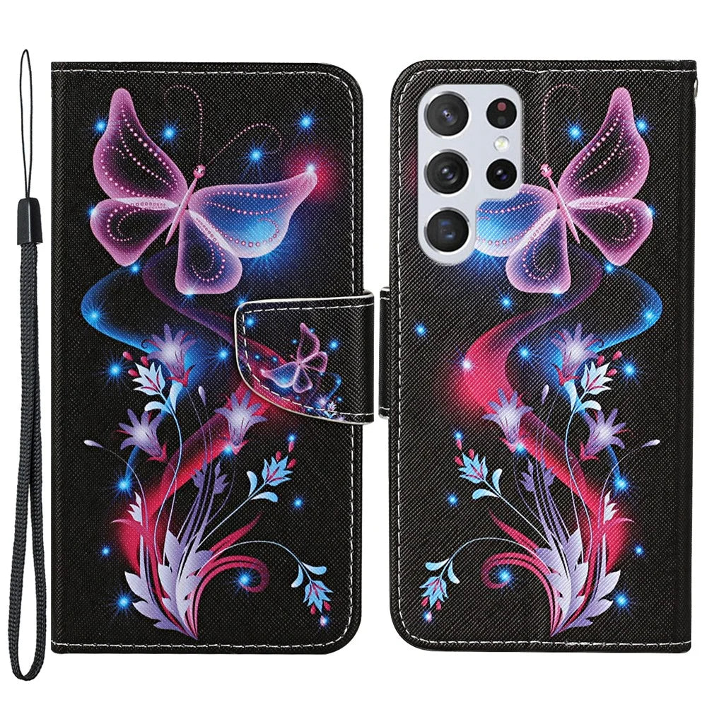Pattern Printing Stand Wallet Design All-inclusive Protection PU Leather Phone Cover Shell for Samsung Galaxy S22 Ultra 5G - Shimmering Butterfly - 1