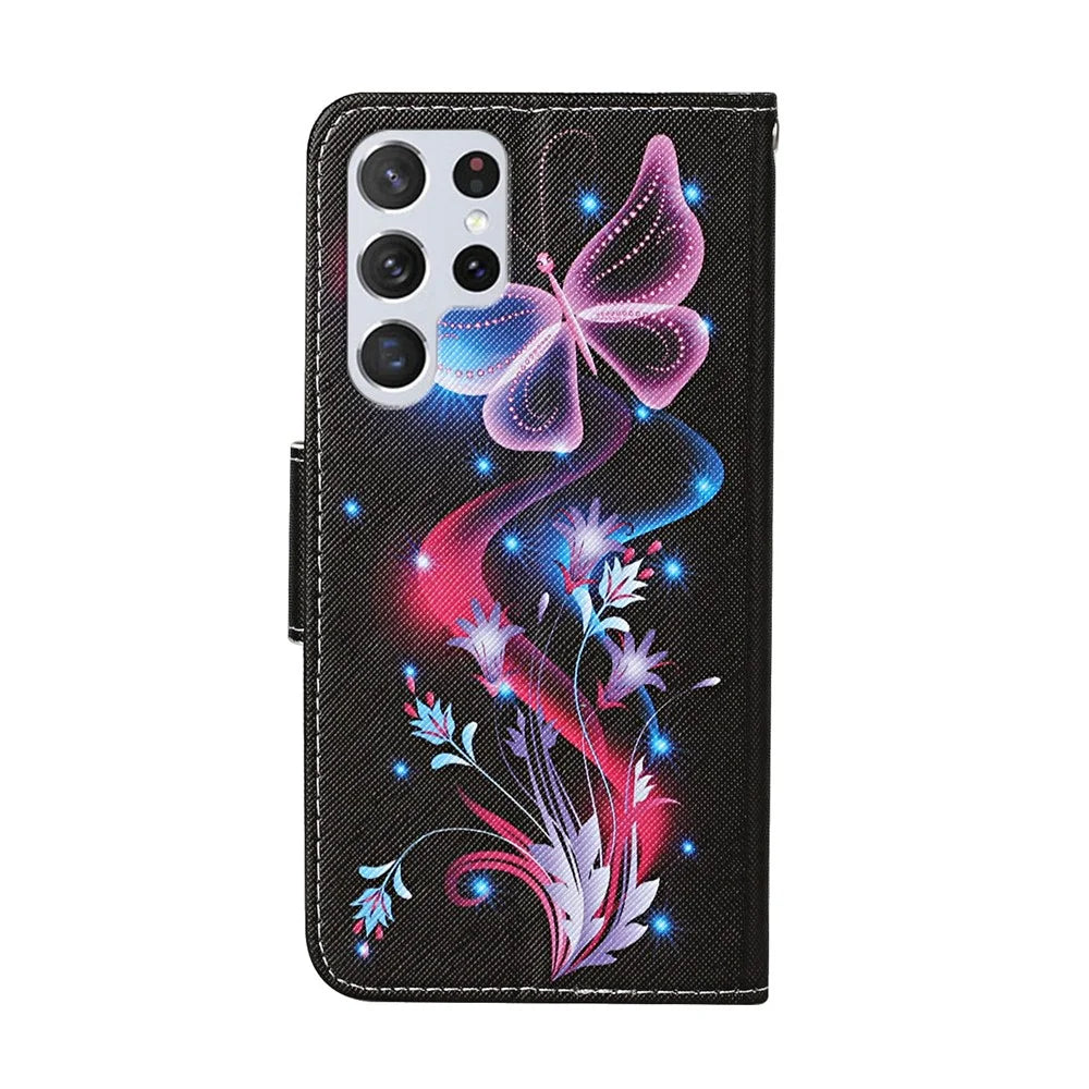 Pattern Printing Stand Wallet Design All-inclusive Protection PU Leather Phone Cover Shell for Samsung Galaxy S22 Ultra 5G - Shimmering Butterfly - 3