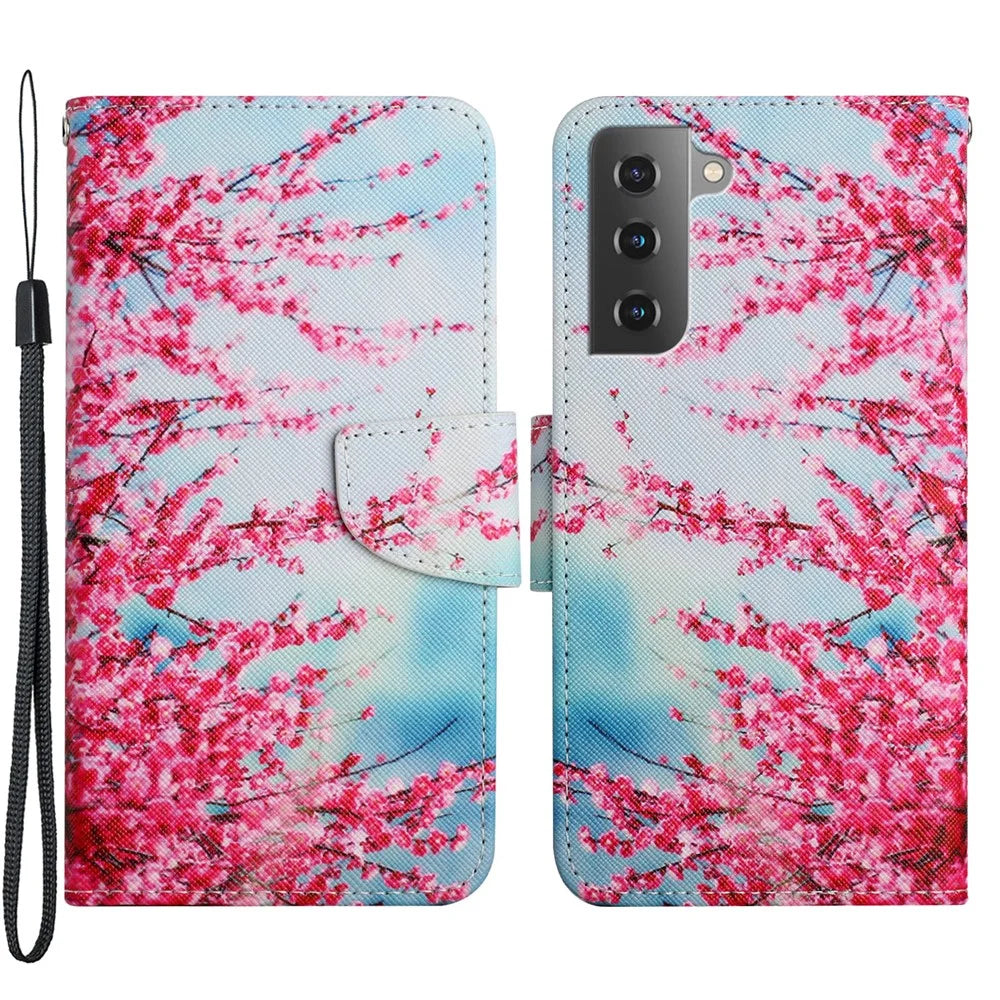 Pattern Printing All-round Protection Leather Phone Case Wallet Stand Cover Shell with Wrist Strap for Samsung Galaxy S22 5G - Red Cherry Blossoms - 1