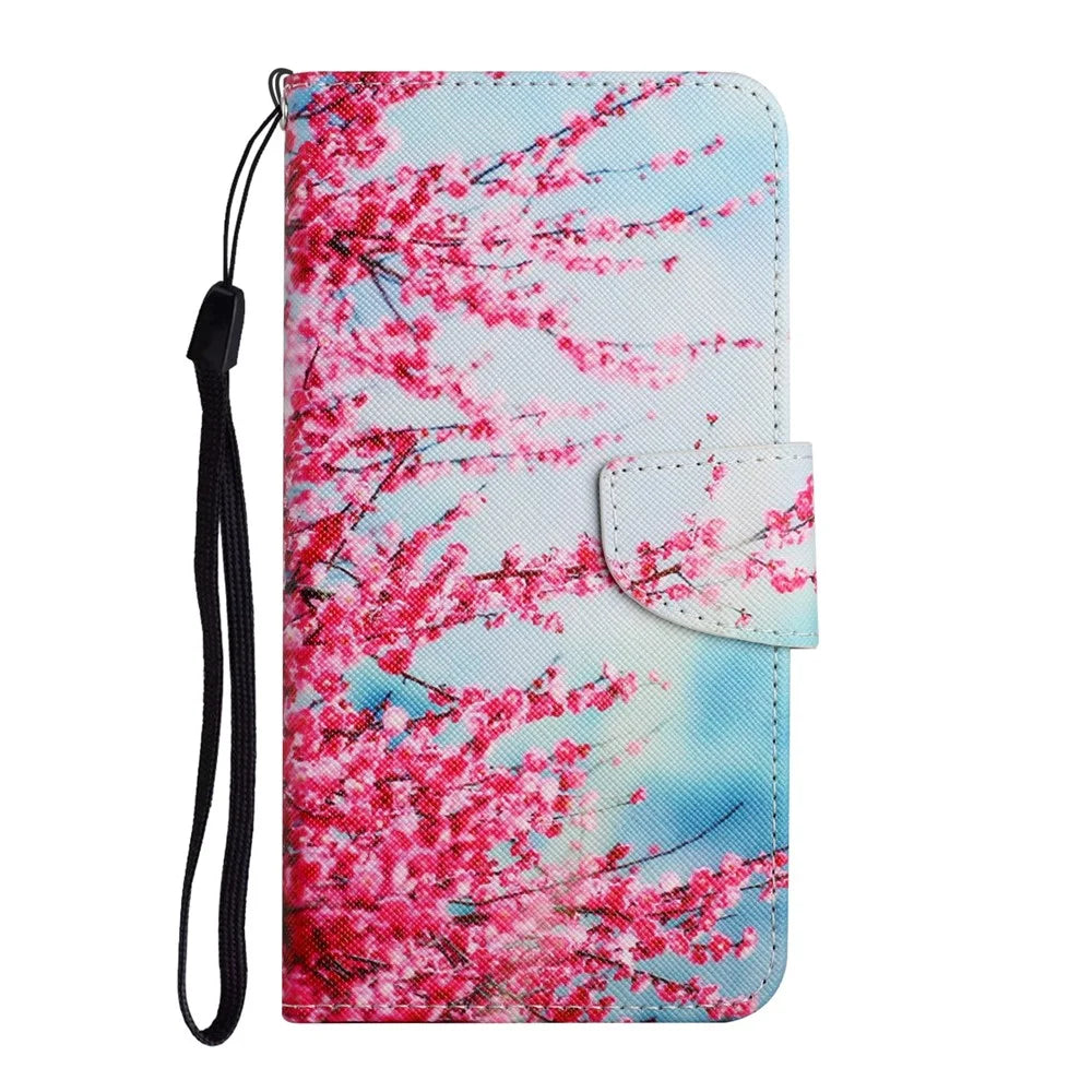 Pattern Printing All-round Protection Leather Phone Case Wallet Stand Cover Shell with Wrist Strap for Samsung Galaxy S22 5G - Red Cherry Blossoms - 2