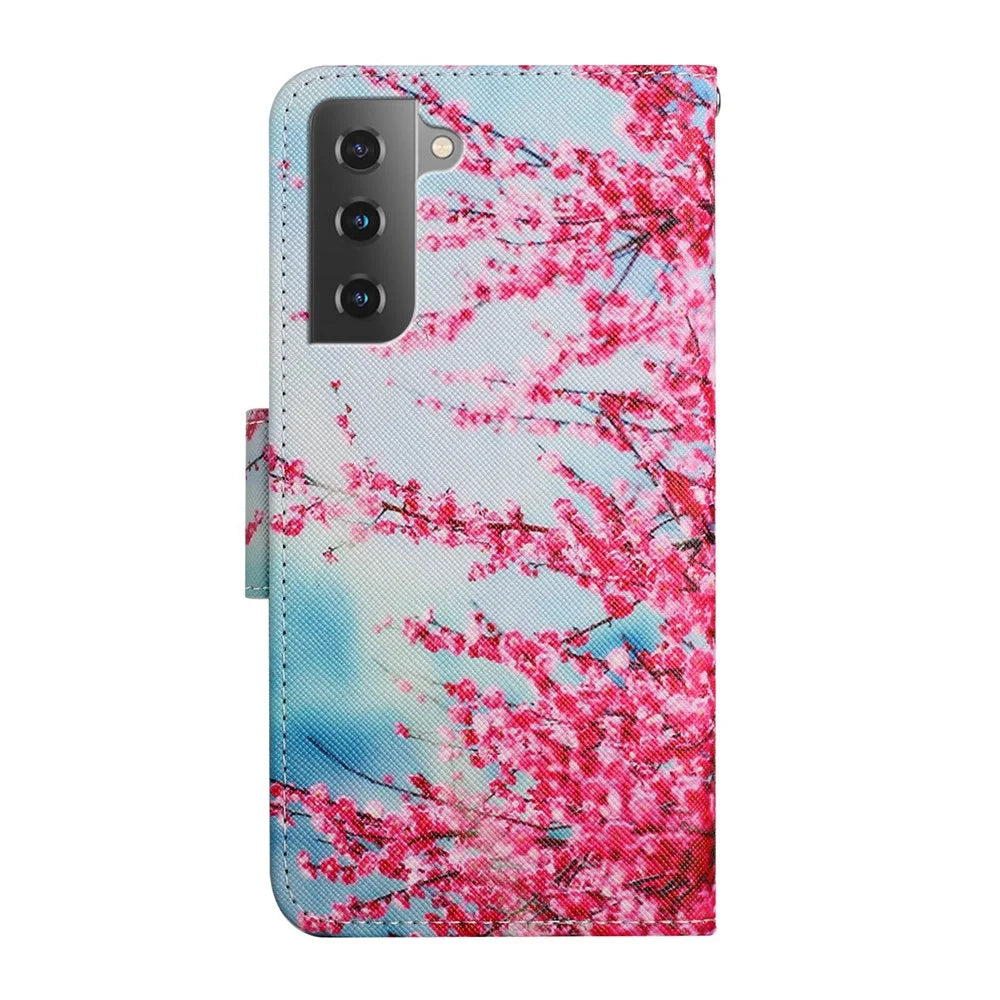 Pattern Printing All-round Protection Leather Phone Case Wallet Stand Cover Shell with Wrist Strap for Samsung Galaxy S22 5G - Red Cherry Blossoms - 3