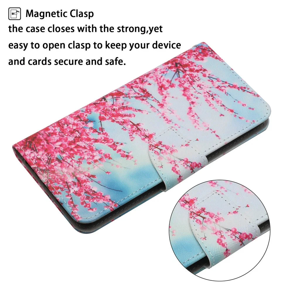 Pattern Printing All-round Protection Leather Phone Case Wallet Stand Cover Shell with Wrist Strap for Samsung Galaxy S22 5G - Red Cherry Blossoms - 6