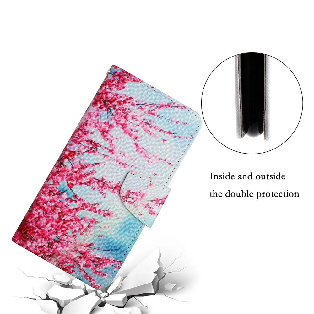 Pattern Printing All-round Protection Leather Phone Case Wallet Stand Cover Shell with Wrist Strap for Samsung Galaxy S22 5G - Red Cherry Blossoms - 7