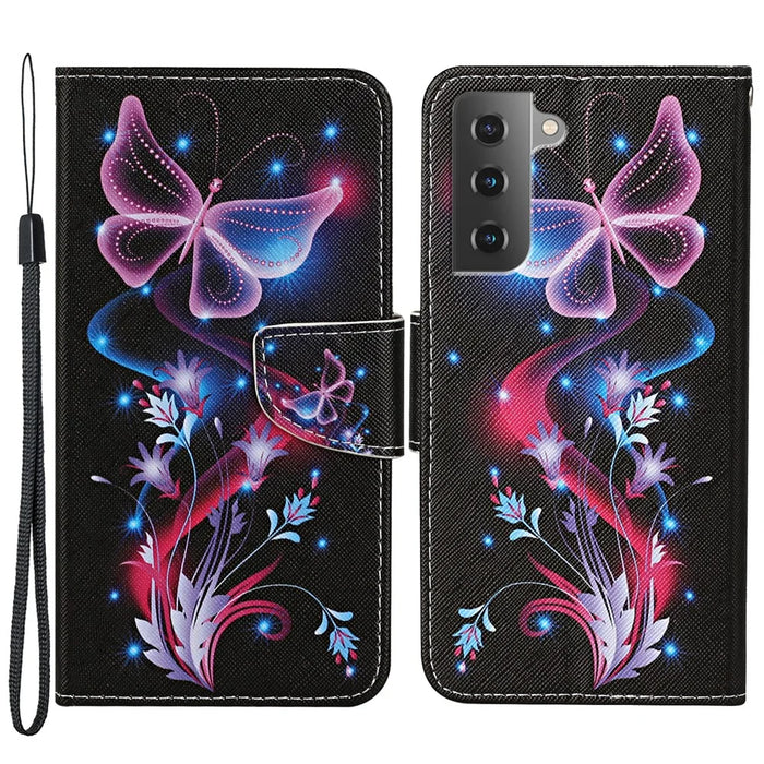 Pattern Printing Magnetic Clasp Closure Leather Phone Cover Protector with Stand Wallet for Samsung Galaxy S22+ 5G - Shimmering Butterfly - 1