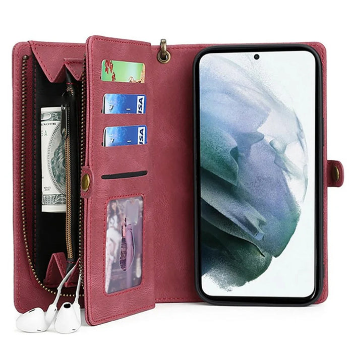 MEGSHI 017 Series Handy Strap Drop-proof Magnetic Absorption Multi-function Zippered Wallet Detachable Leather Cover for Samsung Galaxy S21 FE 5G/S21 Fan Edition - Red - 1