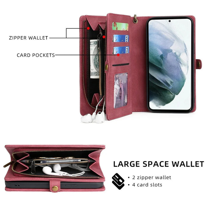 MEGSHI 017 Series Handy Strap Drop-proof Magnetic Absorption Multi-function Zippered Wallet Detachable Leather Cover for Samsung Galaxy S21 FE 5G/S21 Fan Edition - Red - 2