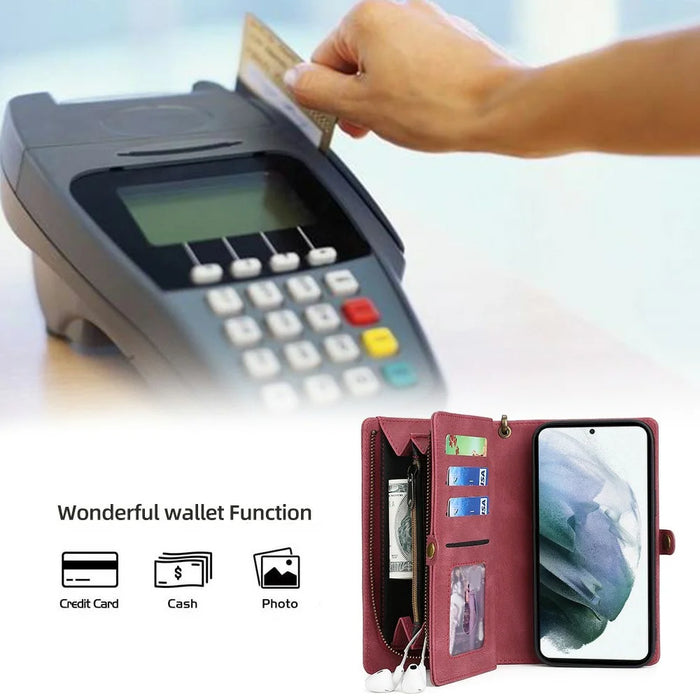 MEGSHI 017 Series Handy Strap Drop-proof Magnetic Absorption Multi-function Zippered Wallet Detachable Leather Cover for Samsung Galaxy S21 FE 5G/S21 Fan Edition - Red - 3