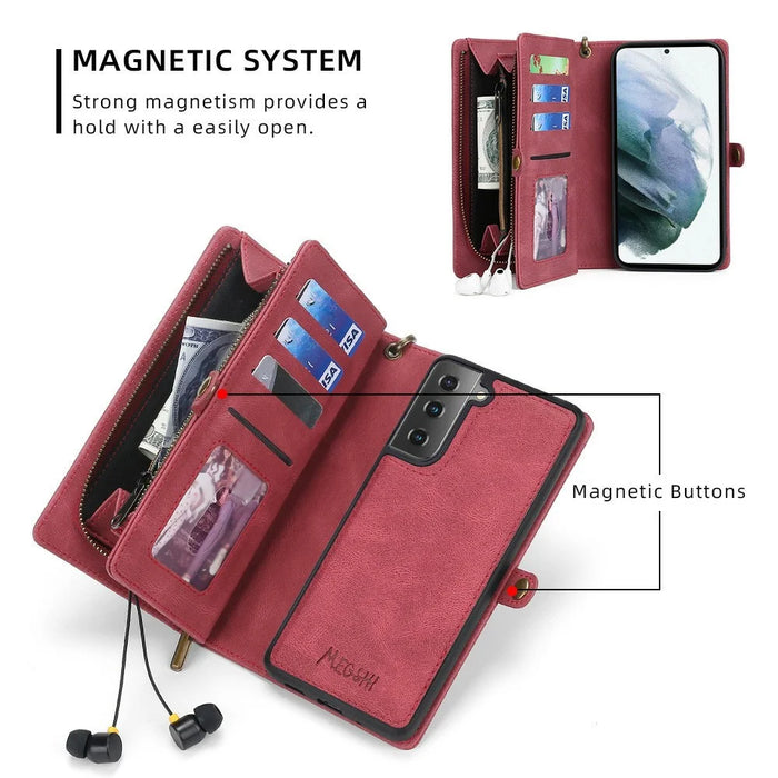 MEGSHI 017 Series Handy Strap Drop-proof Magnetic Absorption Multi-function Zippered Wallet Detachable Leather Cover for Samsung Galaxy S21 FE 5G/S21 Fan Edition - Red - 4
