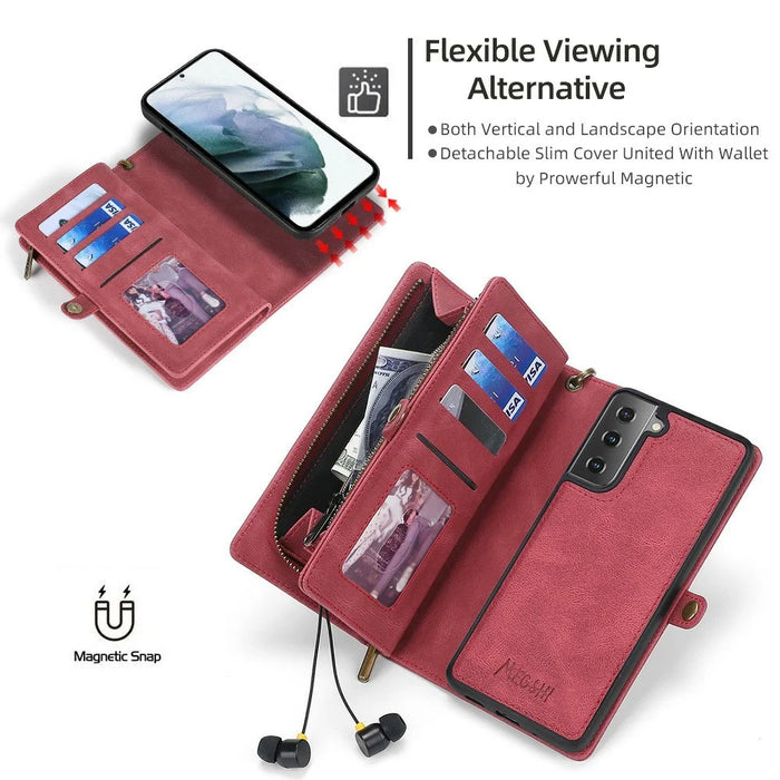 MEGSHI 017 Series Handy Strap Drop-proof Magnetic Absorption Multi-function Zippered Wallet Detachable Leather Cover for Samsung Galaxy S21 FE 5G/S21 Fan Edition - Red - 5