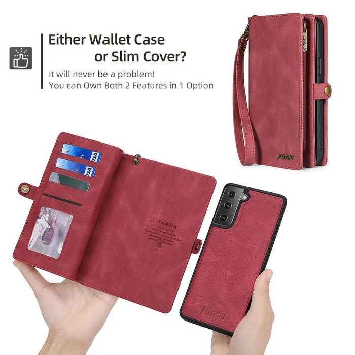 MEGSHI 017 Series Handy Strap Drop-proof Magnetic Absorption Multi-function Zippered Wallet Detachable Leather Cover for Samsung Galaxy S21 FE 5G/S21 Fan Edition - Red - 6