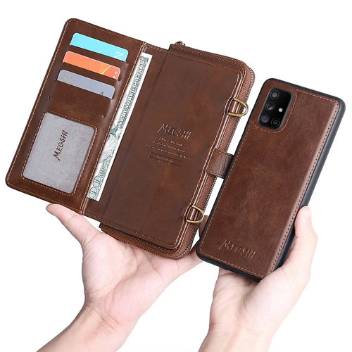 MEGSHI 020 Series Magnetic Absorption Wallet Anti-fall Detachable Design PU Leather TPU Case Shell with Long Strap for Samsung Galaxy A71 5G SM-A716 - Brown - 1