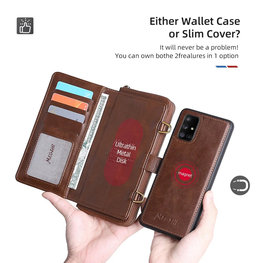 MEGSHI 020 Series Magnetic Absorption Wallet Anti-fall Detachable Design PU Leather TPU Case Shell with Long Strap for Samsung Galaxy A71 5G SM-A716 - Brown - 4