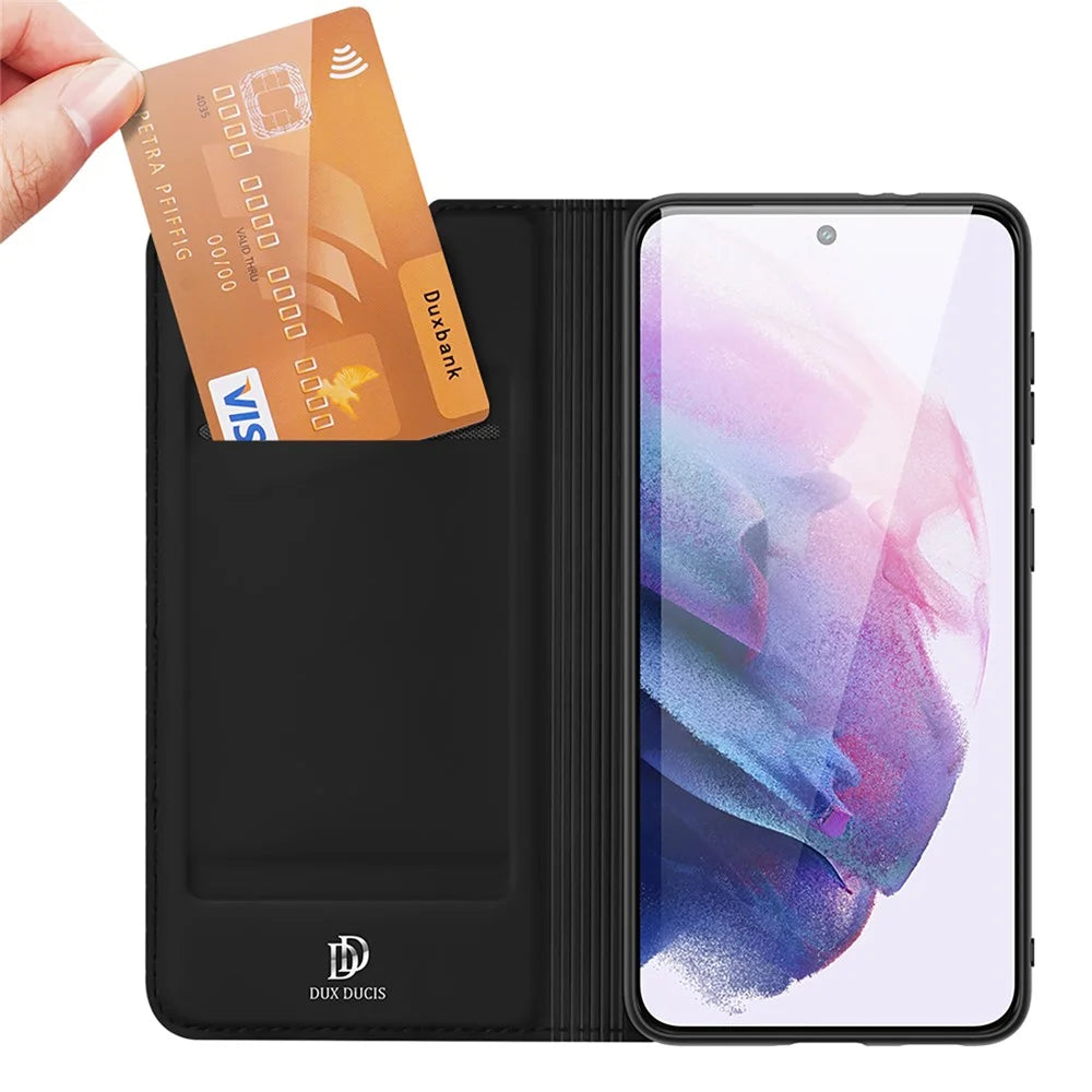 DUX DUCIS Skin Pro Series for Samsung Galaxy S22 5G PU Leather Card Slot Flip Stand Auto Magnetic Closed Shockproof Phone Cover - Black - 3