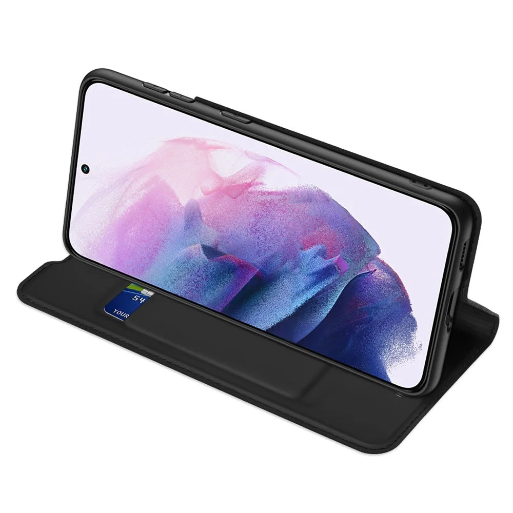 DUX DUCIS Skin Pro Series for Samsung Galaxy S22 5G PU Leather Card Slot Flip Stand Auto Magnetic Closed Shockproof Phone Cover - Black - 4