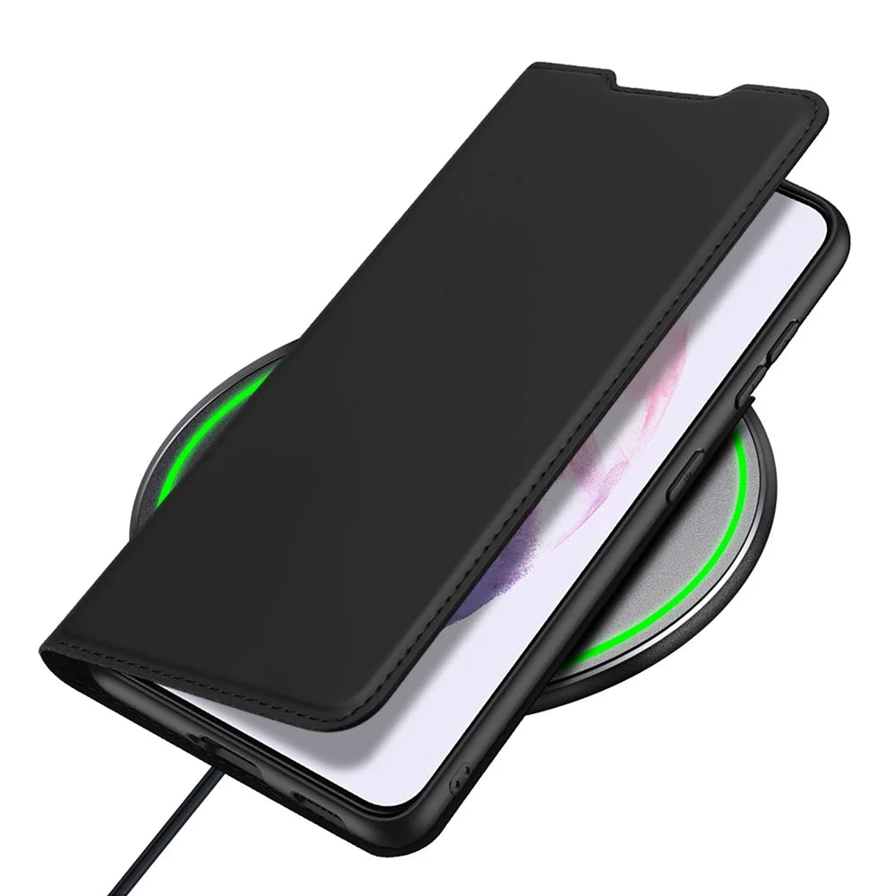 DUX DUCIS Skin Pro Series for Samsung Galaxy S22 5G PU Leather Card Slot Flip Stand Auto Magnetic Closed Shockproof Phone Cover - Black - 5