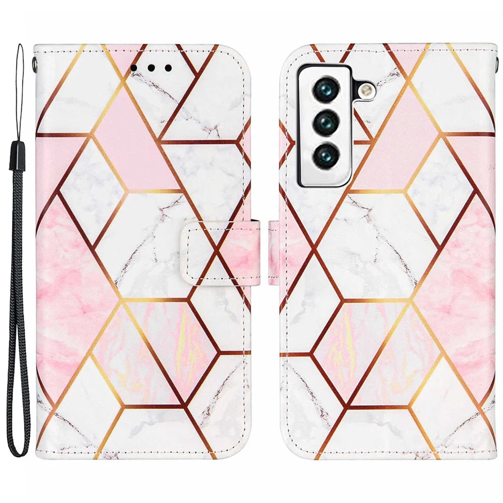 Marble Pattern Splicing Well-Protected Stylish Leather Case Wallet Stand Phone Cover with Handy Strap for Samsung Galaxy S22 5G - Pink/White - 1