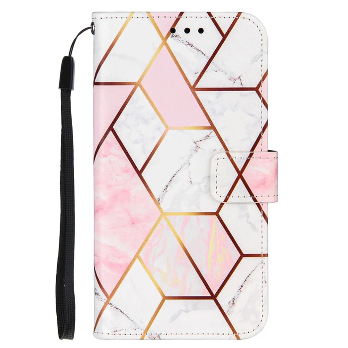 Marble Pattern Splicing Well-Protected Stylish Leather Case Wallet Stand Phone Cover with Handy Strap for Samsung Galaxy S22 5G - Pink/White - 2