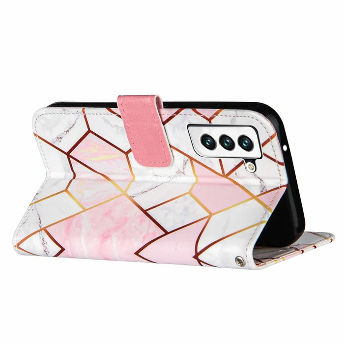 Marble Pattern Splicing Well-Protected Stylish Leather Case Wallet Stand Phone Cover with Handy Strap for Samsung Galaxy S22 5G - Pink/White - 3