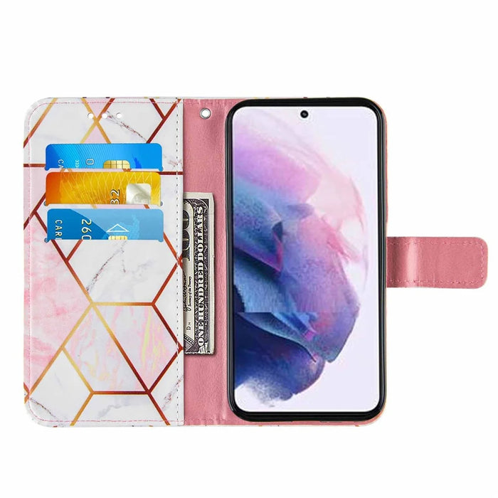 Marble Pattern Splicing Well-Protected Stylish Leather Case Wallet Stand Phone Cover with Handy Strap for Samsung Galaxy S22 5G - Pink/White - 4