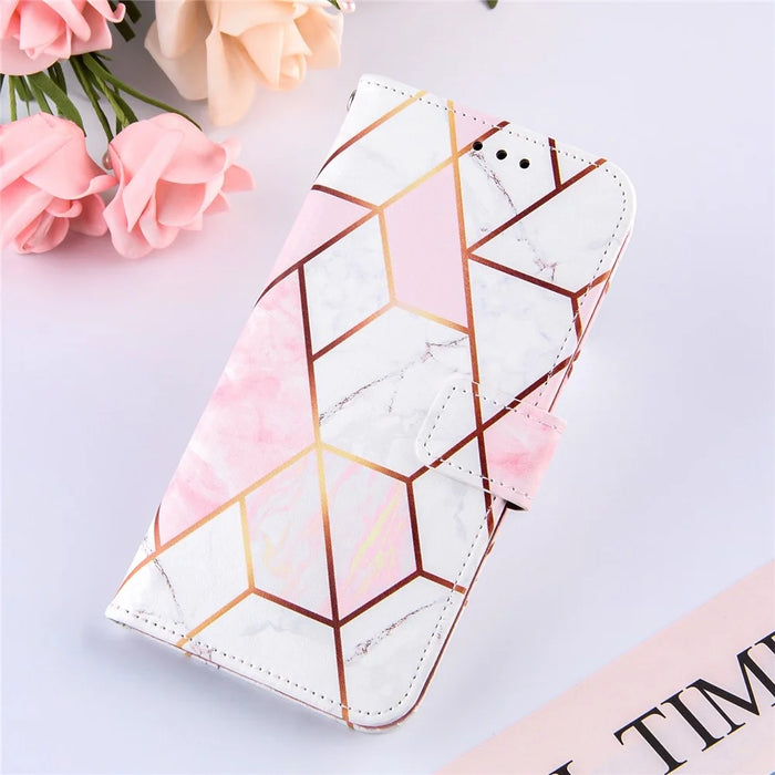 Marble Pattern Splicing Well-Protected Stylish Leather Case Wallet Stand Phone Cover with Handy Strap for Samsung Galaxy S22 5G - Pink/White - 7
