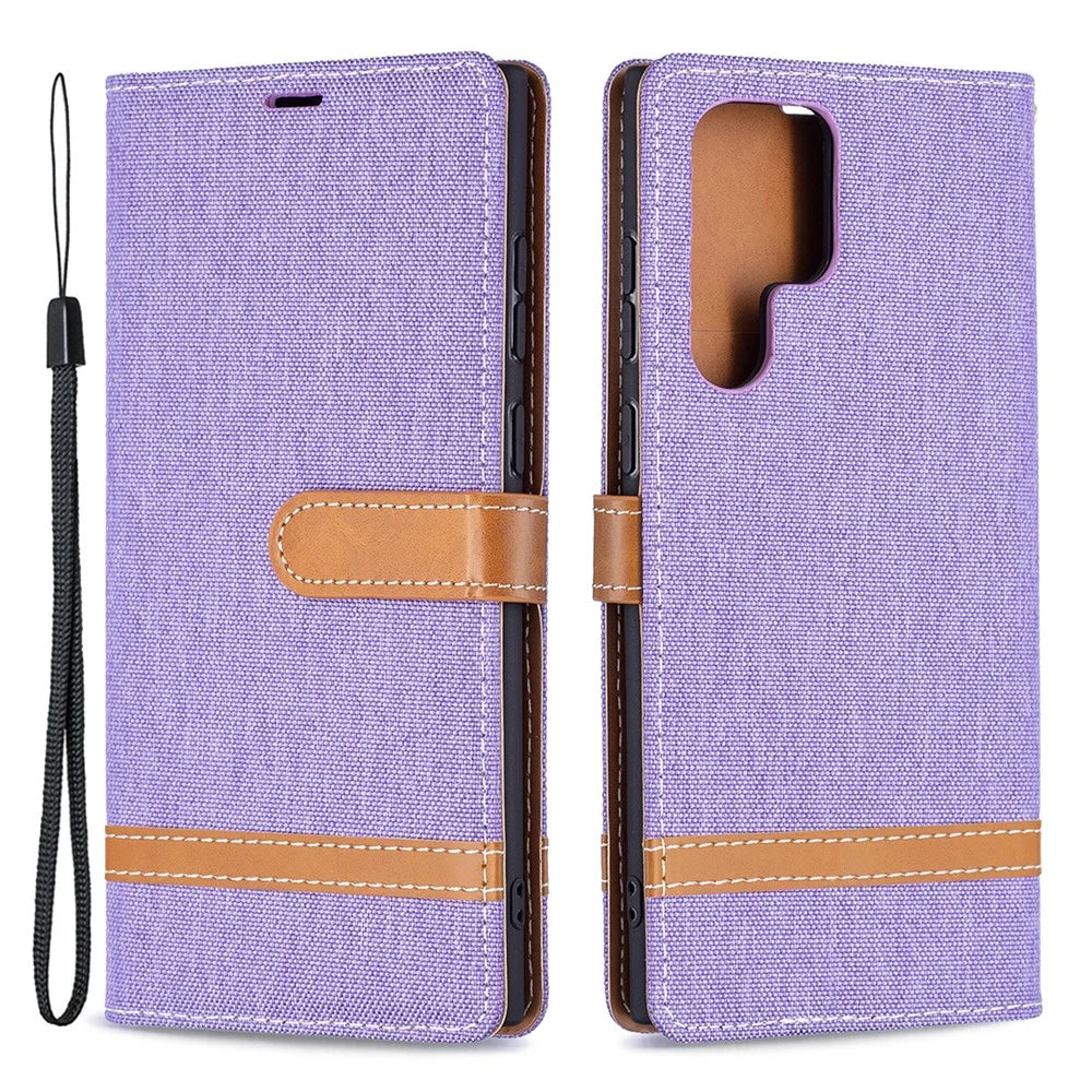 For Samsung Galaxy S22 Ultra 5G Fashionable Color Splicing Jeans Cloth Magnetic Clasp Anti-Drop Stand PU Leather Wallet Leather Phone Case - Purple - 1