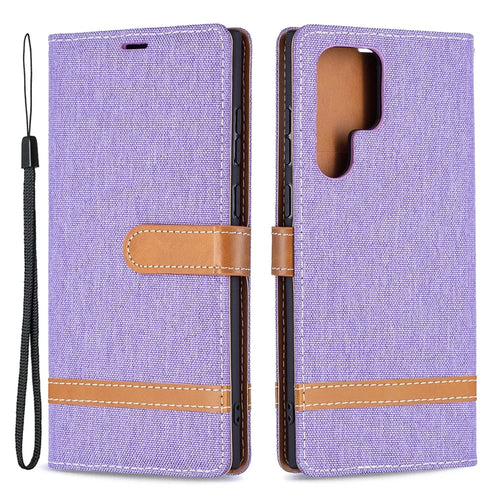 For Samsung Galaxy S22 Ultra 5G Fashionable Color Splicing Jeans Cloth Magnetic Clasp Anti-Drop Stand PU Leather Wallet Leather Phone Case - Purple - 1